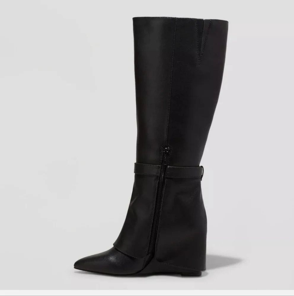 A New Day Women's Faux Leather Zipper Knee Dress Boots Wedge Heel - Picture 2 of 4